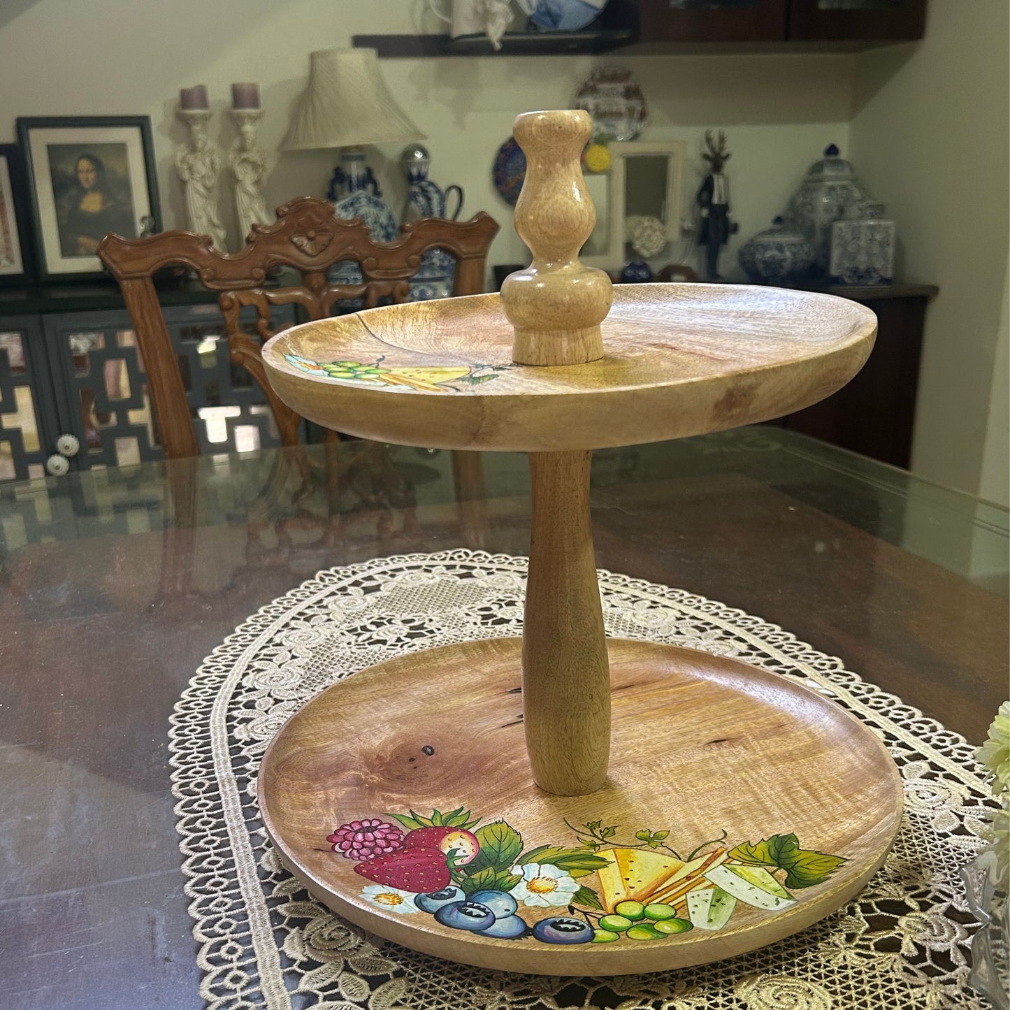 Hand made hand painted wooden 2 tier serving platter