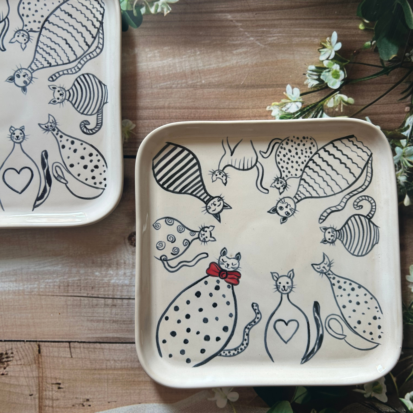 Hand Made Hand Painted Cat Snack Server Plates / Platters