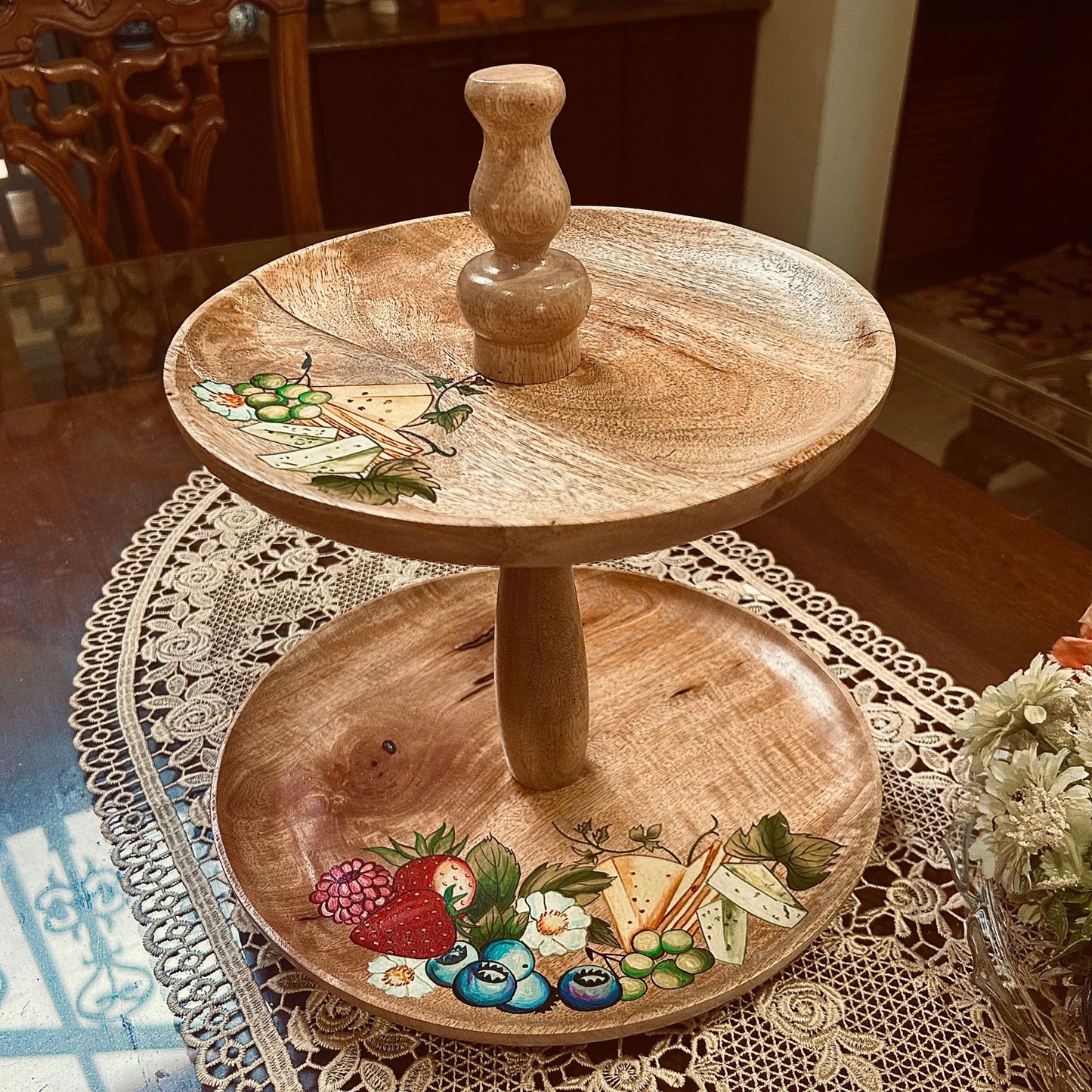 Hand made hand painted wooden 2 tier serving platter