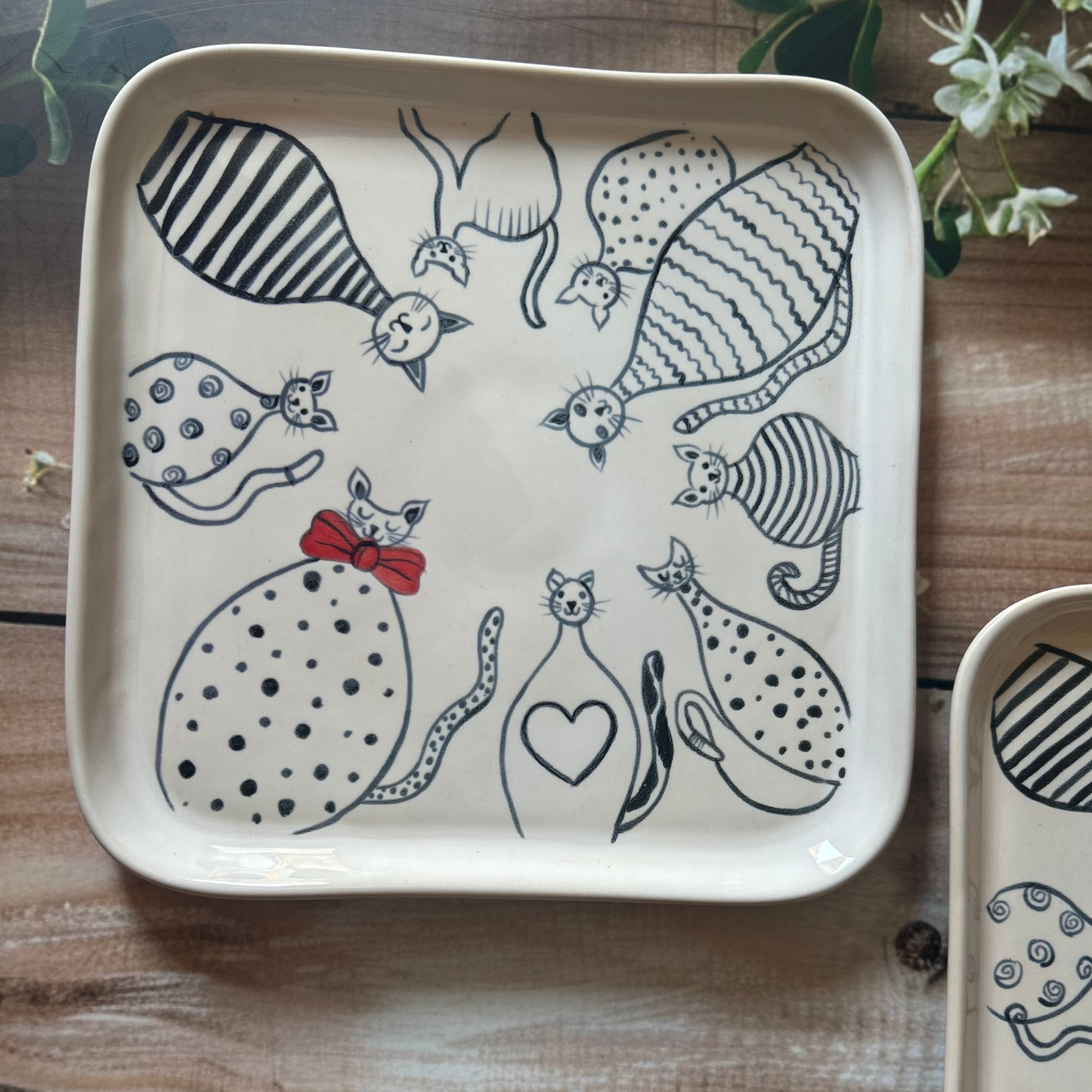 Hand Made Hand Painted Cat Snack Server Plates / Platters