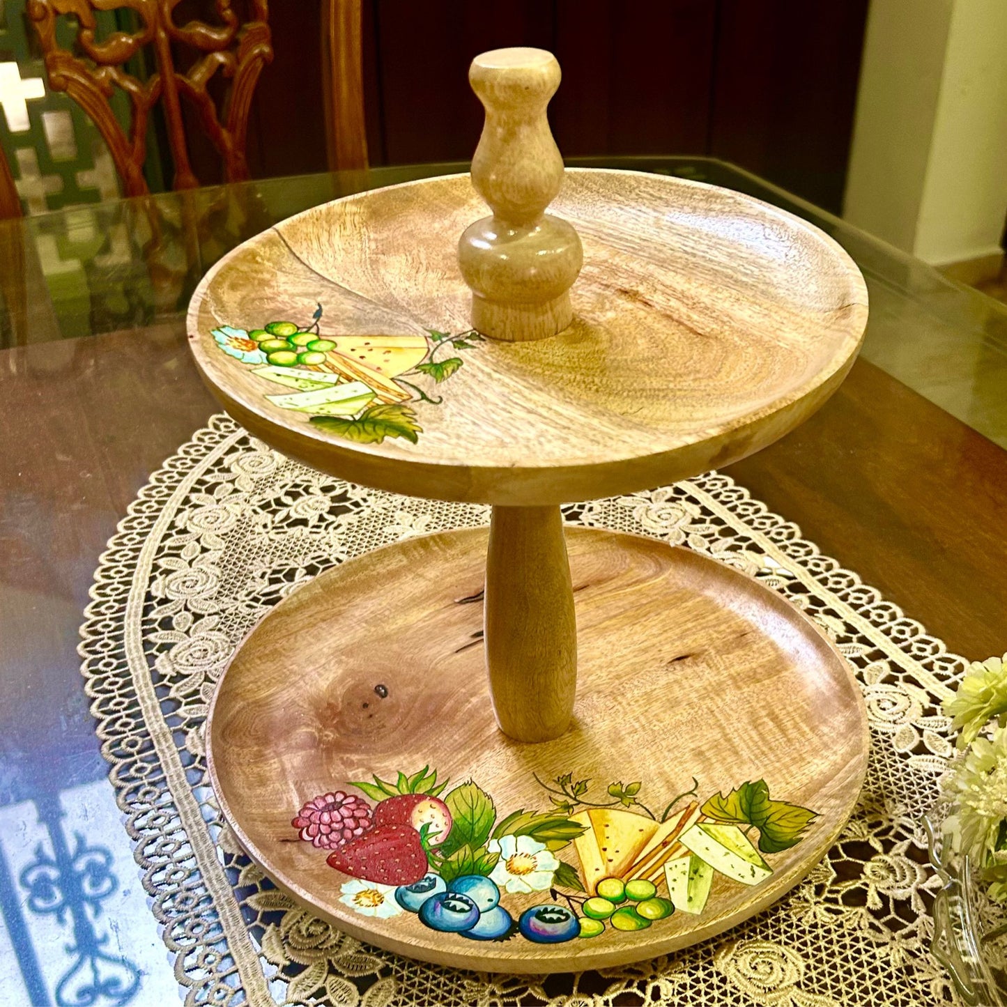Hand made hand painted wooden 2 tier serving platter
