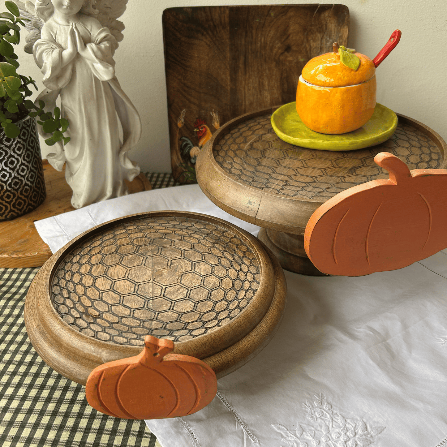 Hand carved and hand painted wooden cake/ snack stands