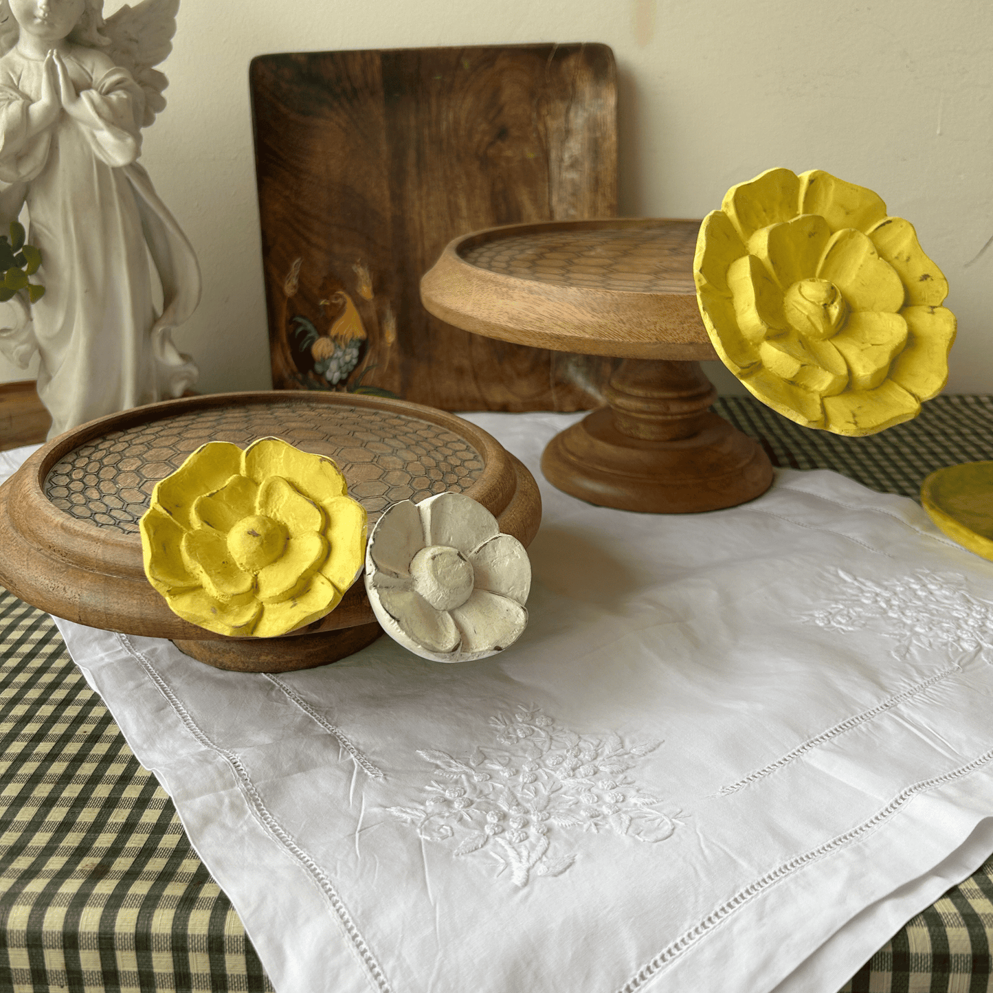 Hand carved and hand painted wooden cake/ snack stands