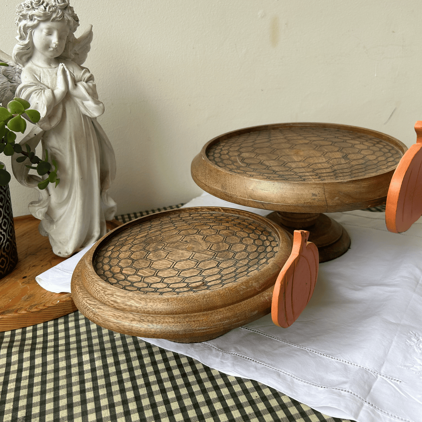 Hand carved and hand painted wooden cake/ snack stands