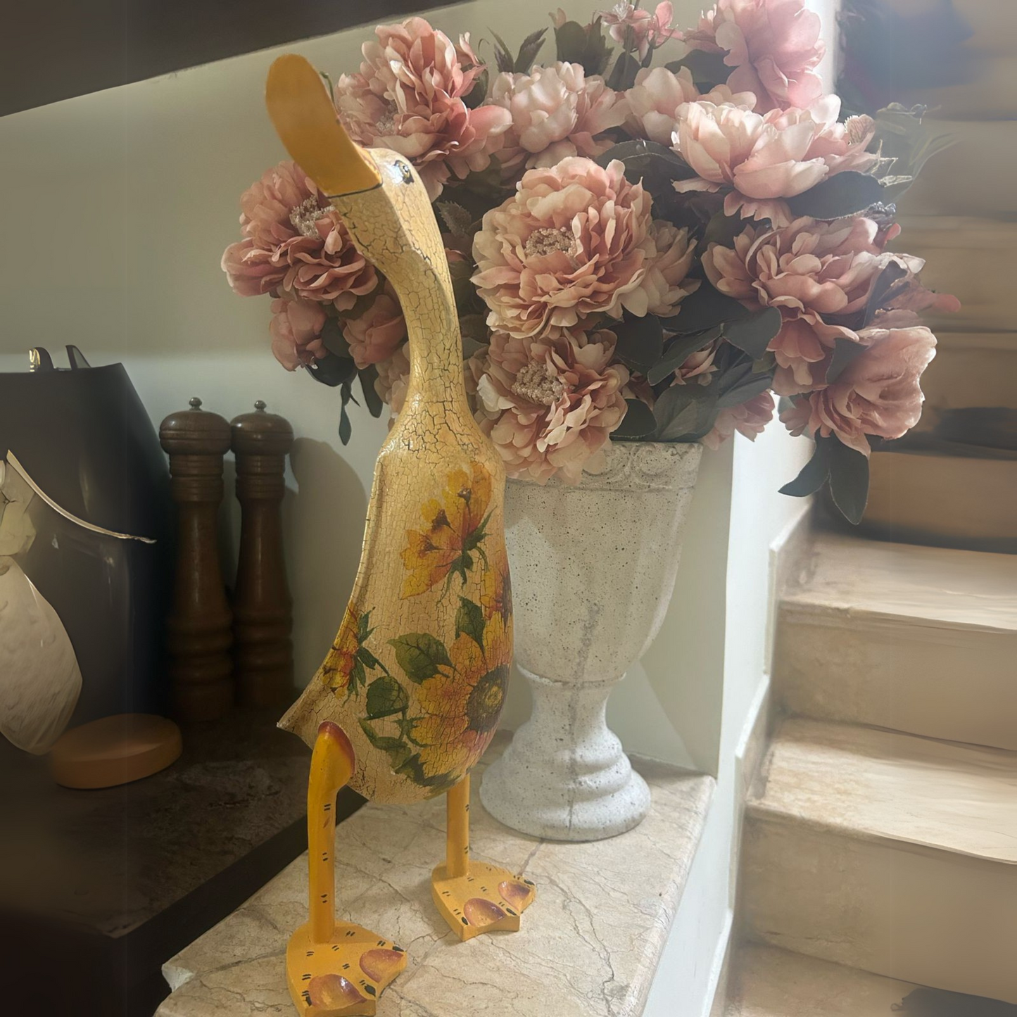 Hand carved and hand painted wooden decorative duck yellow big