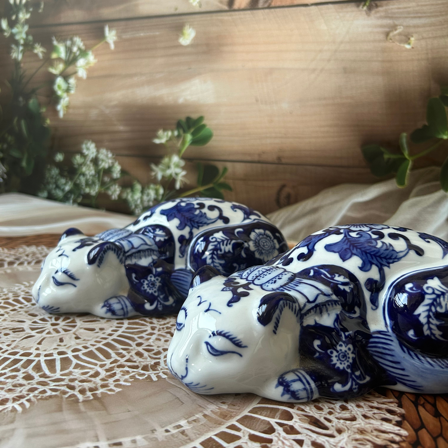 Blue Ceramic Decorative Cat - Set of Two