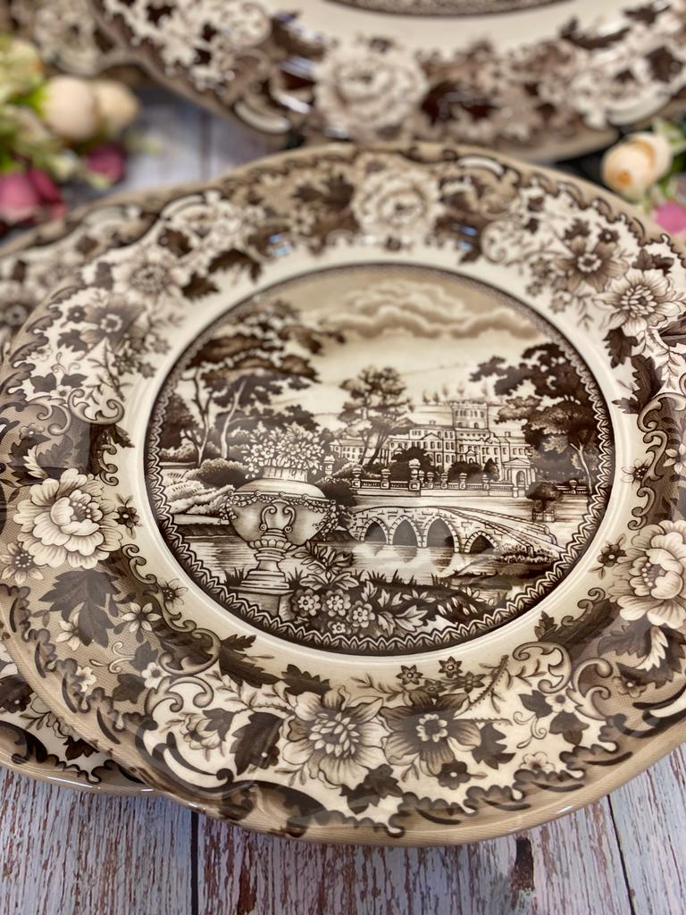 Brown Ceramic Round Big Platter Castle Plate