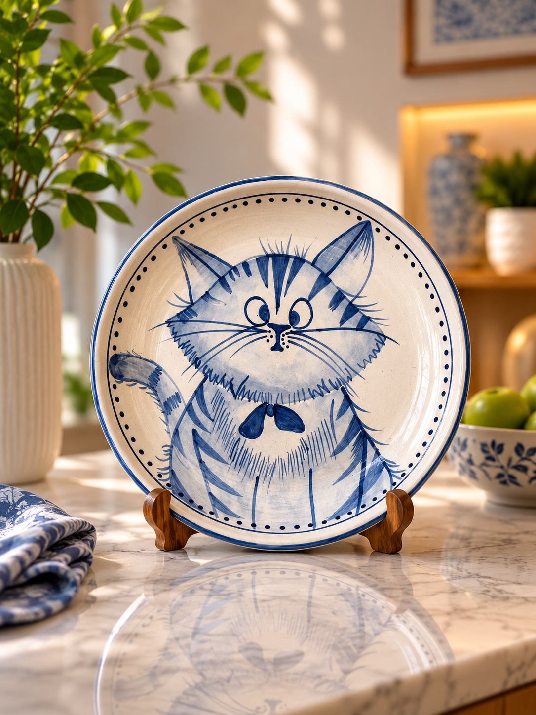 Mischievous Smirk Cat Handmade Ceramic Snack Plate – Hand-Painted Deep Dish