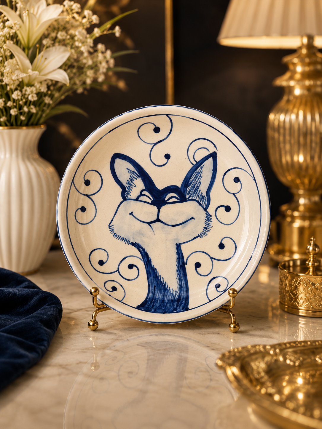 Curious Blue Cat Handmade Ceramic Snack Plate – Hand-Painted Deep Dish
