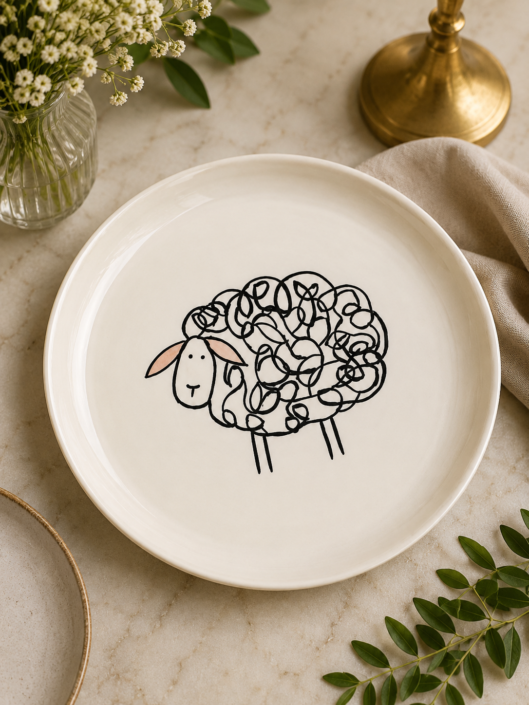 Ceramic Plate with Sheep & Pasture Design