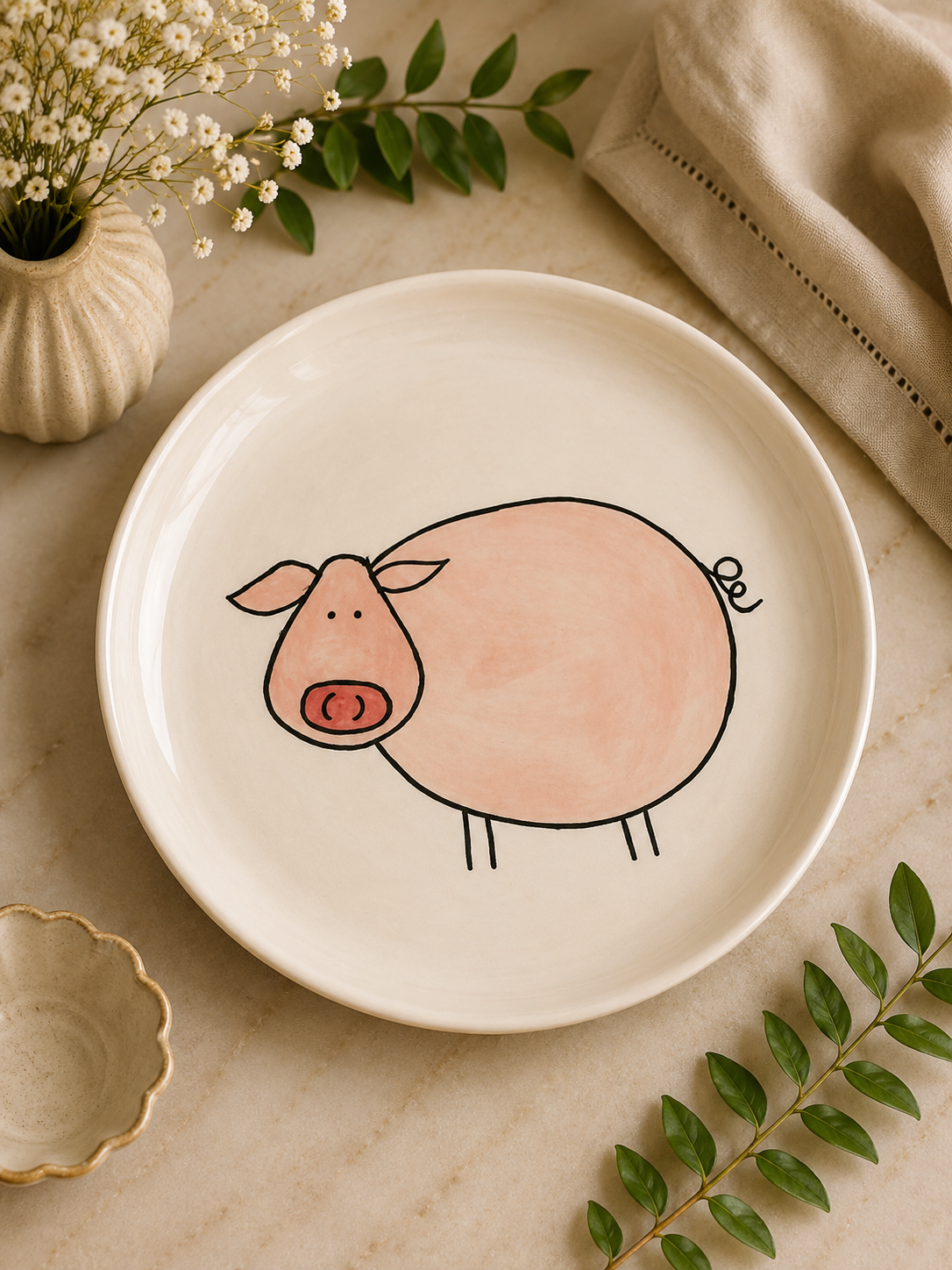 Ceramic Plate with Pink Pig Design