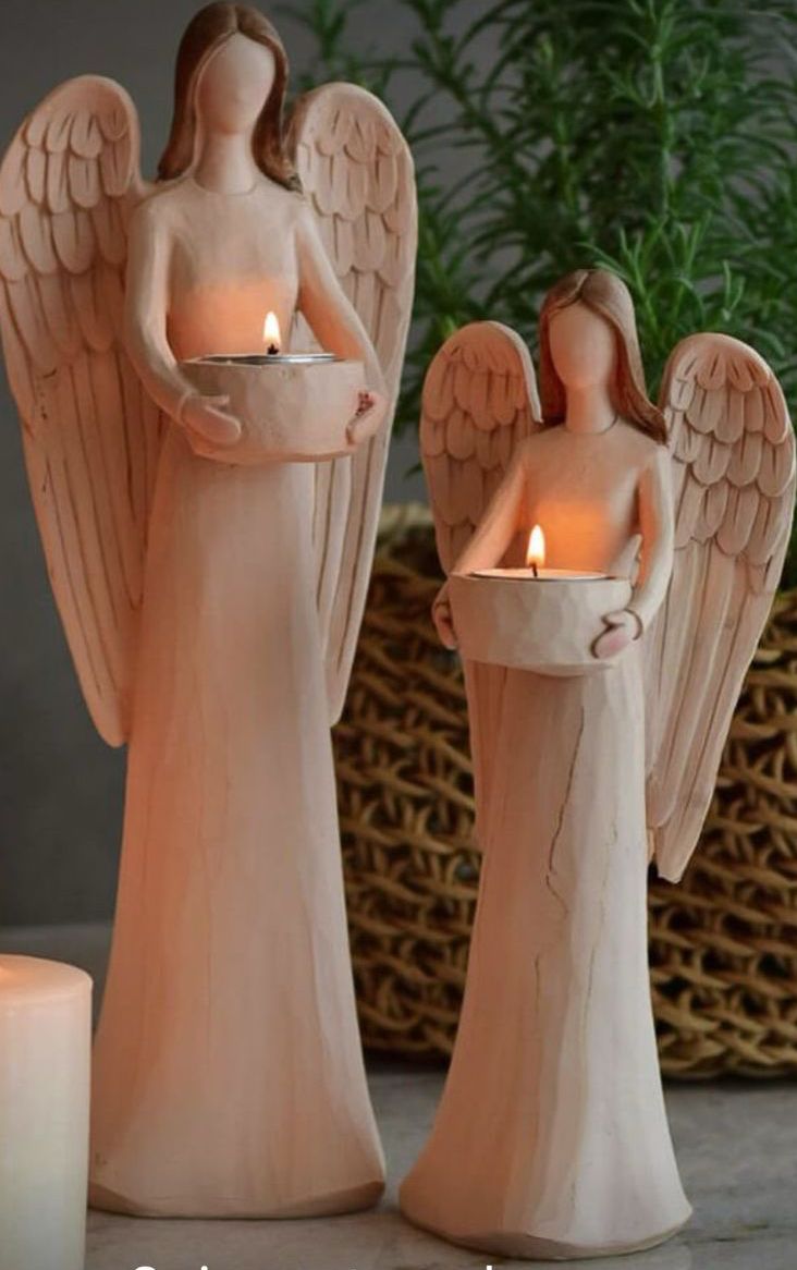 Hand Carved Angel Wooden Candle Stands – Set of 2 Decorative Candle Holders