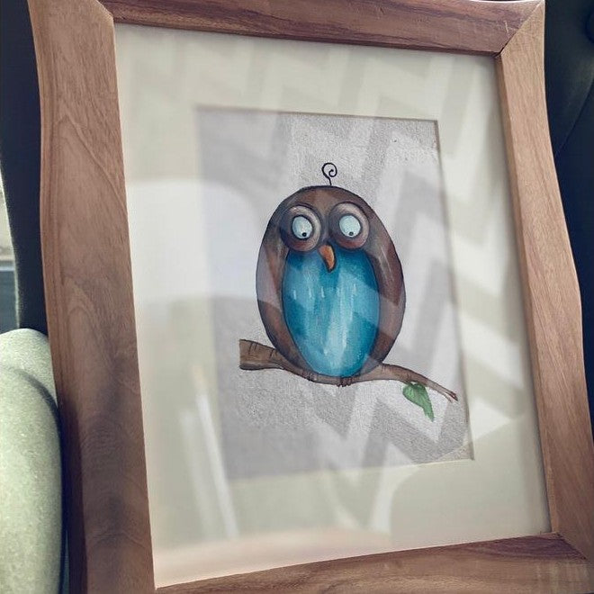 Wall Decore Blue and Brown Owl Handpainting and Handcrafted Frame
