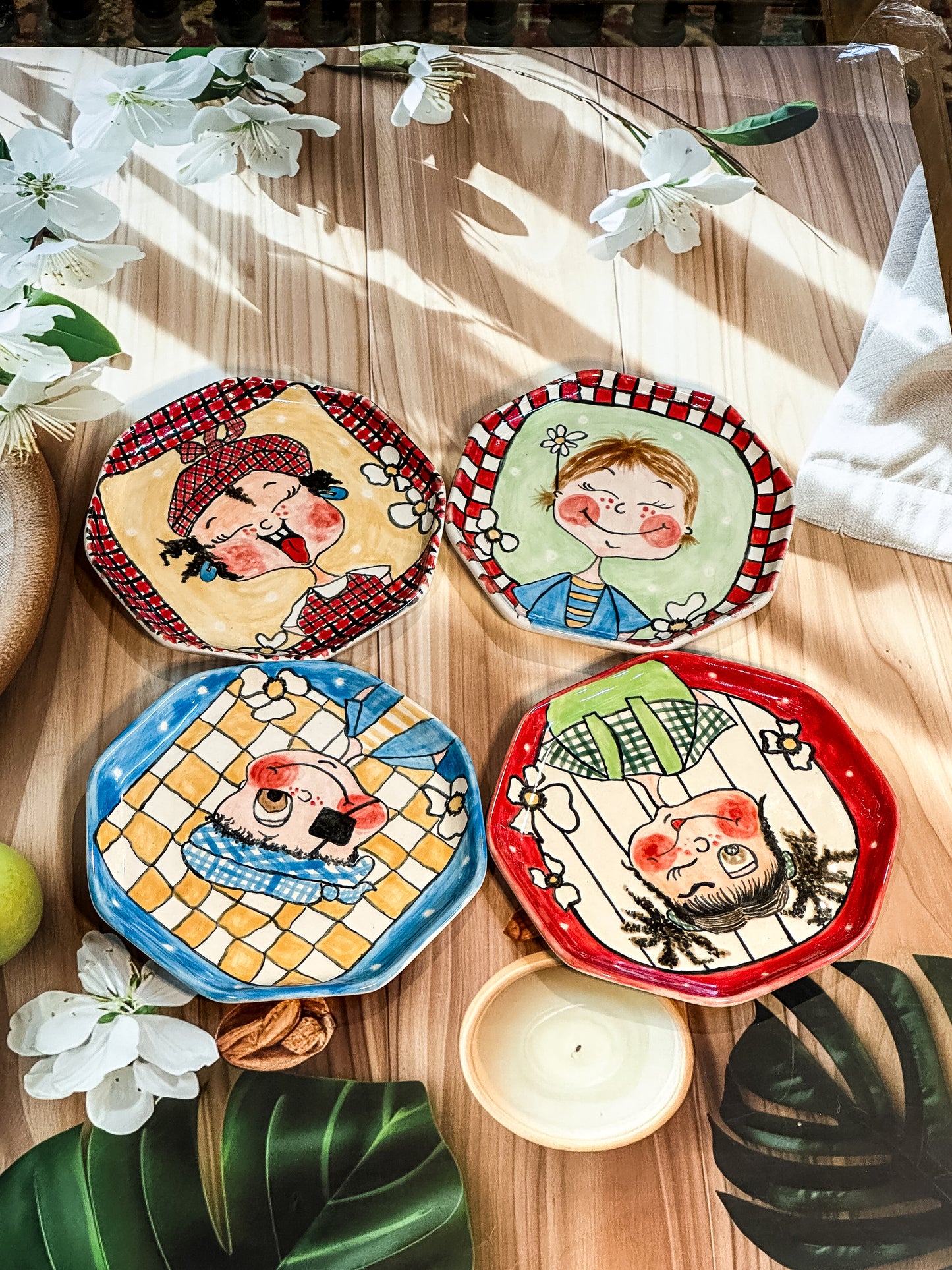 Winking Pigtail Girl Snack Plate – Hand-Painted Ceramic (Red & Green)