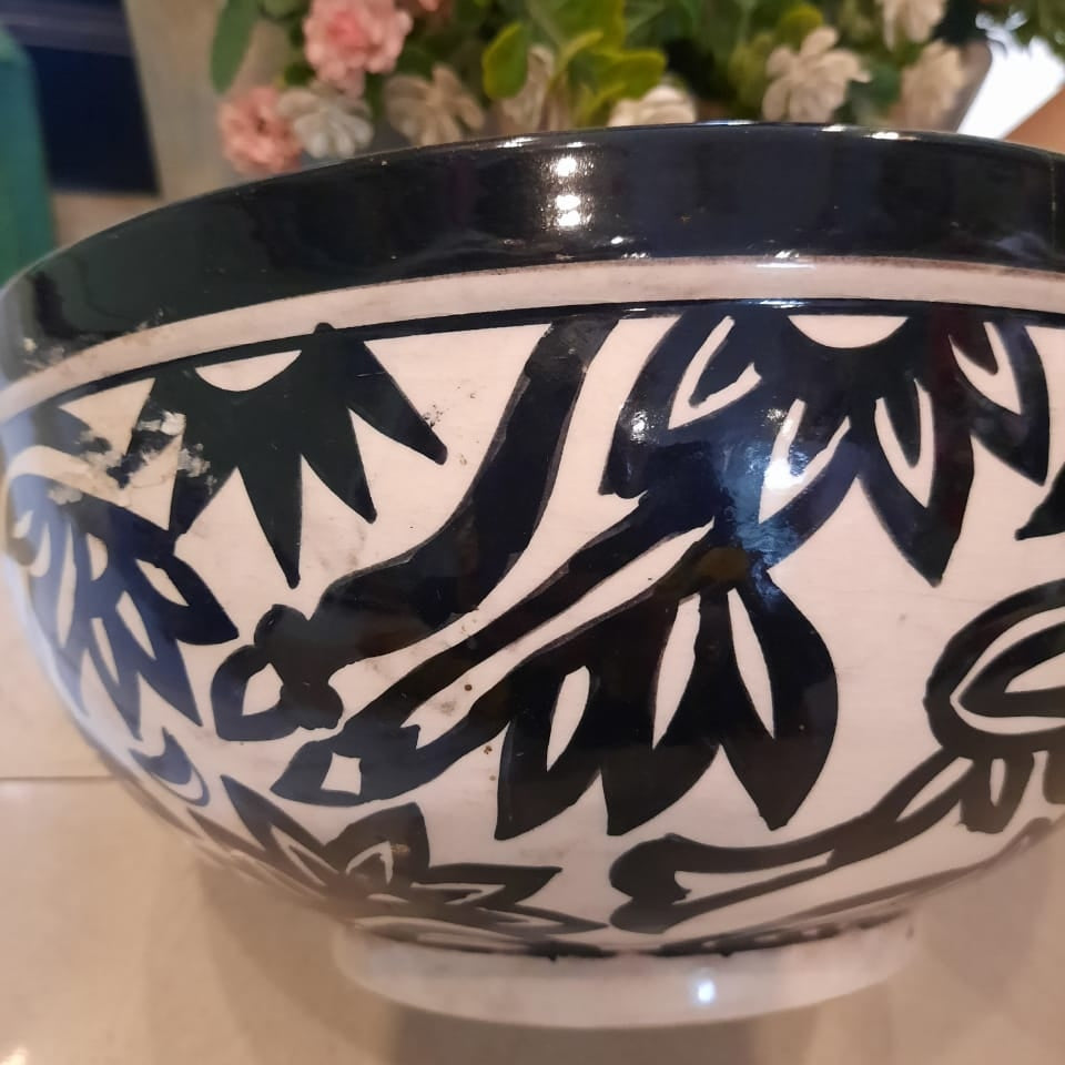 Ceramic Salad Bowl Handpainted Black and White