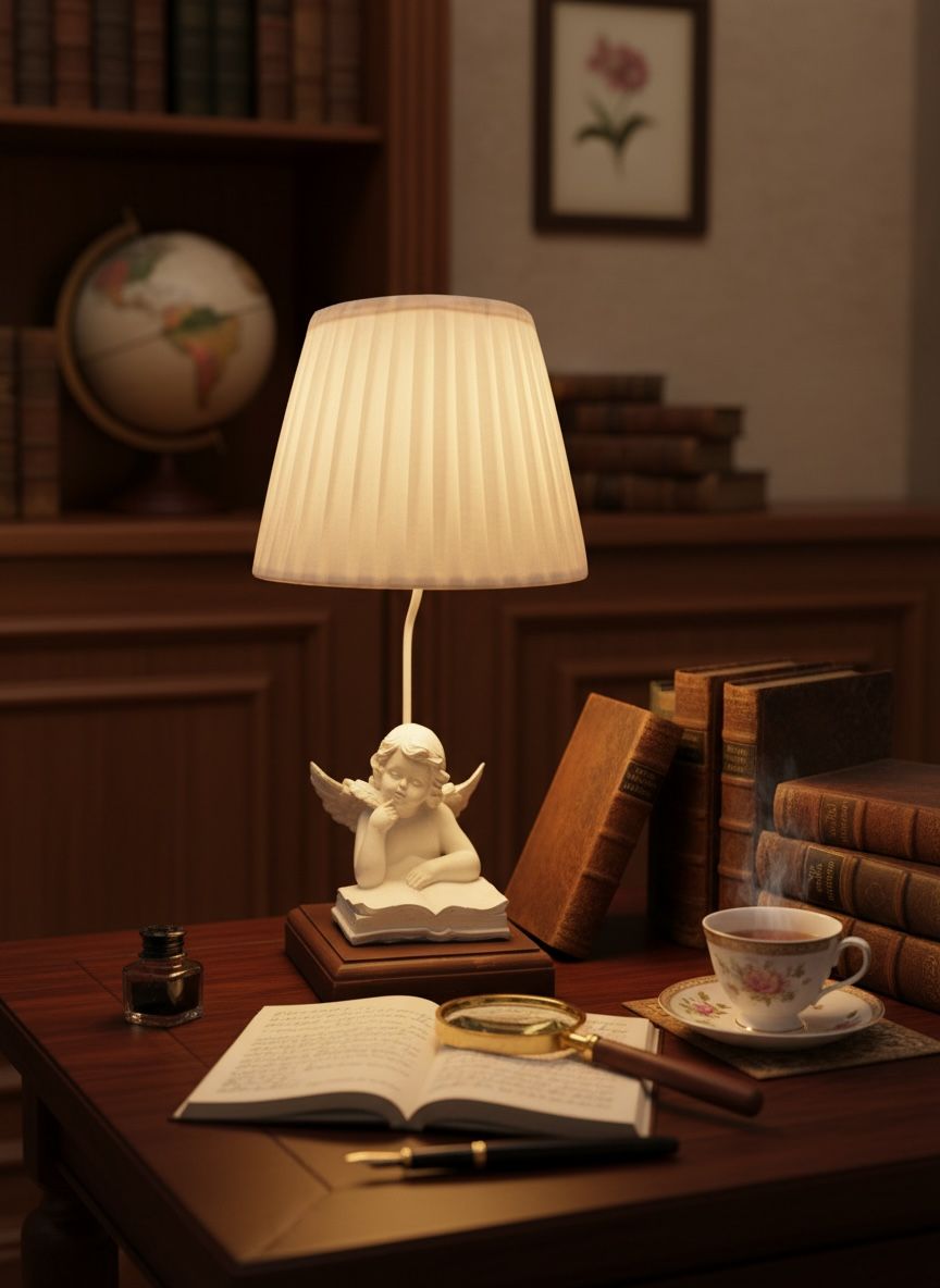 Elegant Poly Resin Cherub Table Lamp – 23 Inch Decorative Bedside & Study Lamp