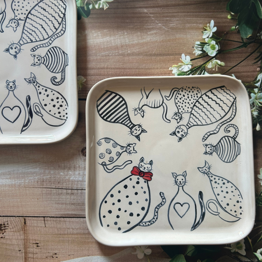 Hand Made Hand Painted Cat Snack Server Plates / Platters