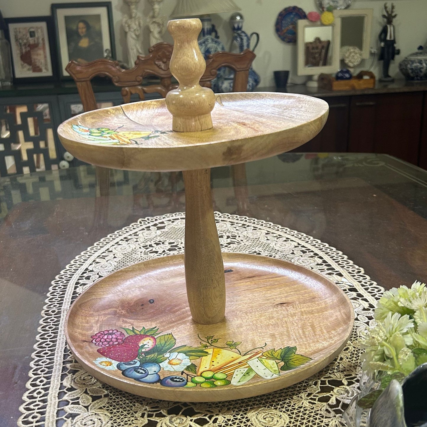 Hand made hand painted wooden 2 tier serving platter