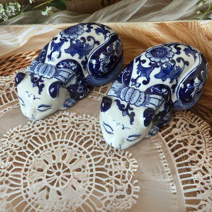 Blue Ceramic Decorative Cat - Set of Two