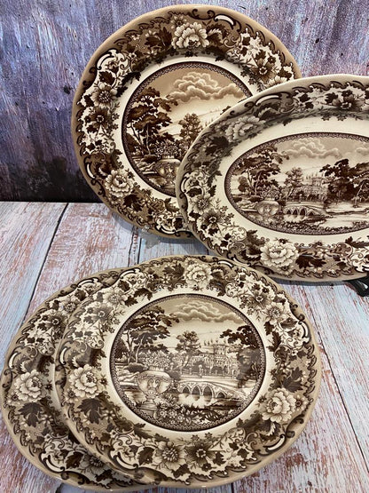 Brown Ceramic Oval Castle Painted Plate