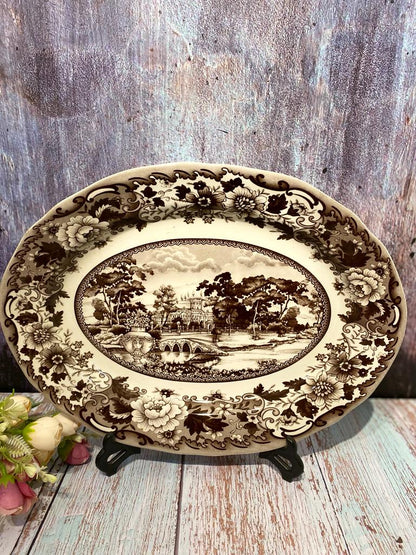 Brown Ceramic Oval Castle Painted Plate