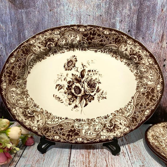 Brown Ceramic Oval Roses Plate