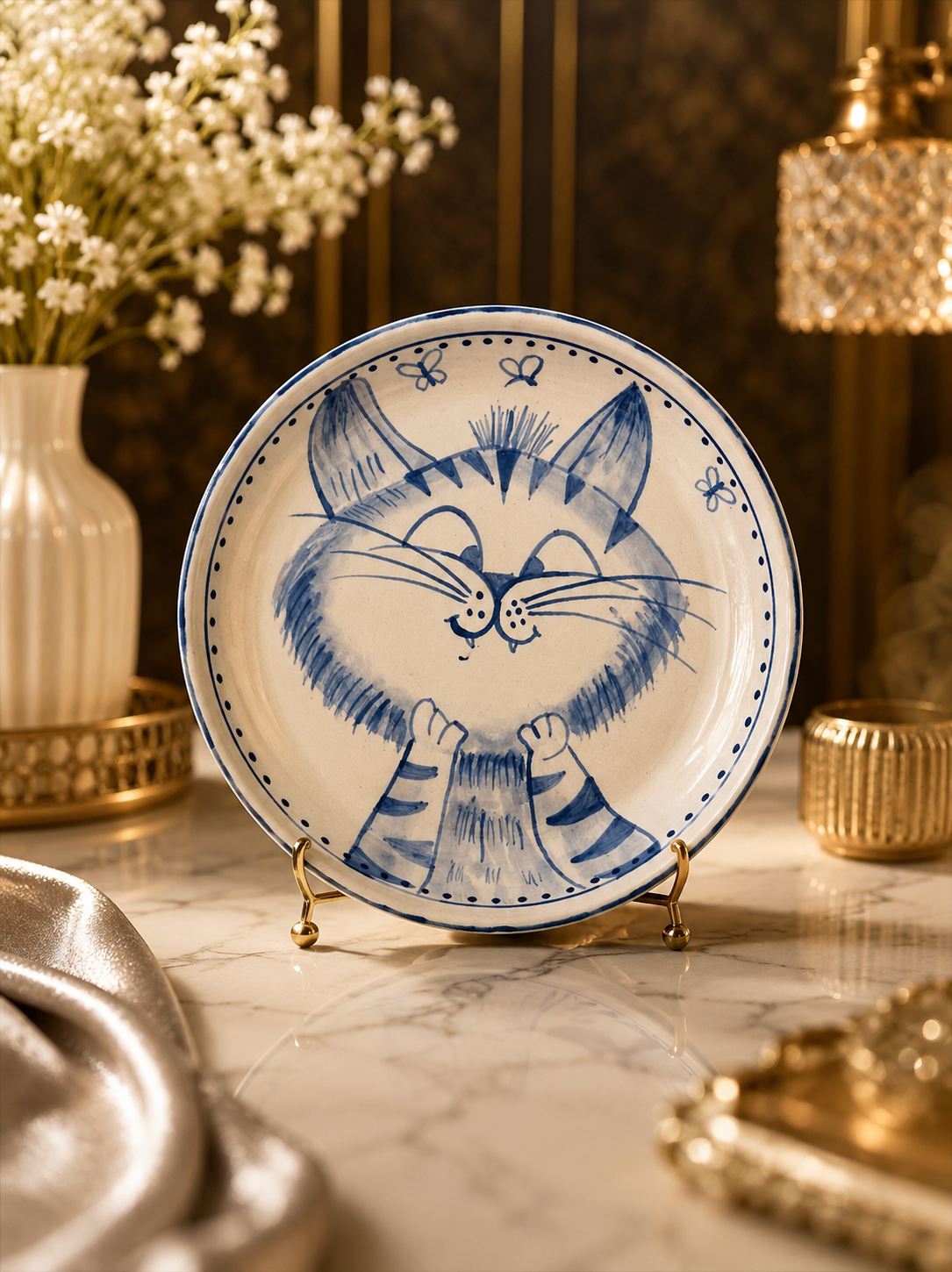 Curious Whiskers Cat Handmade Ceramic Deep-Dish Snack Plate – Hand-Painted Art Pottery