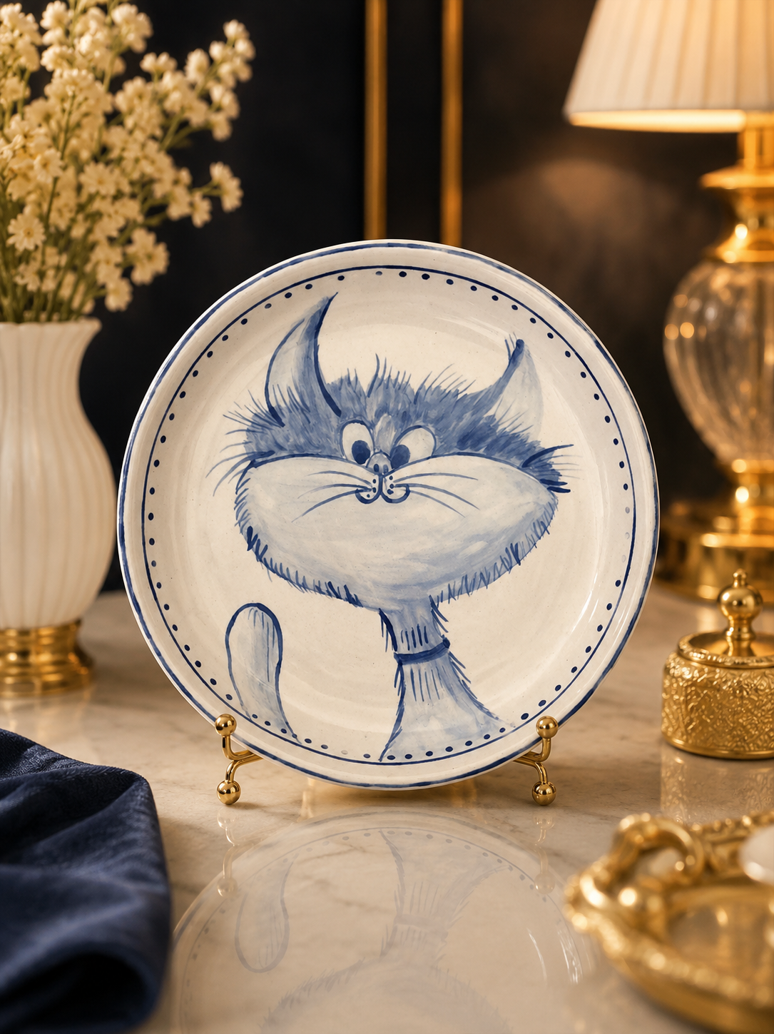 Wide-Eyed Curious Cat Handmade Ceramic Deep-Dish Snack Plate – Hand-Painted Artisan Pottery