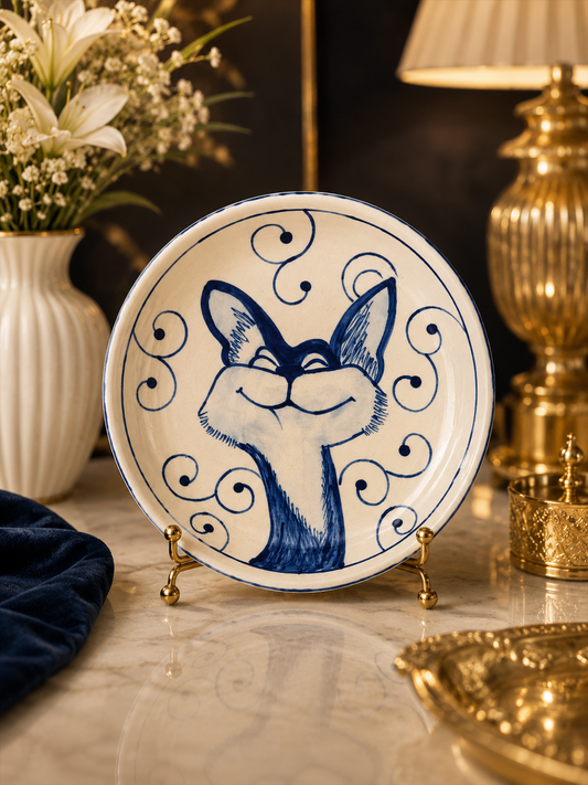 Curious Blue Cat Handmade Ceramic Snack Plate – Hand-Painted Deep Dish