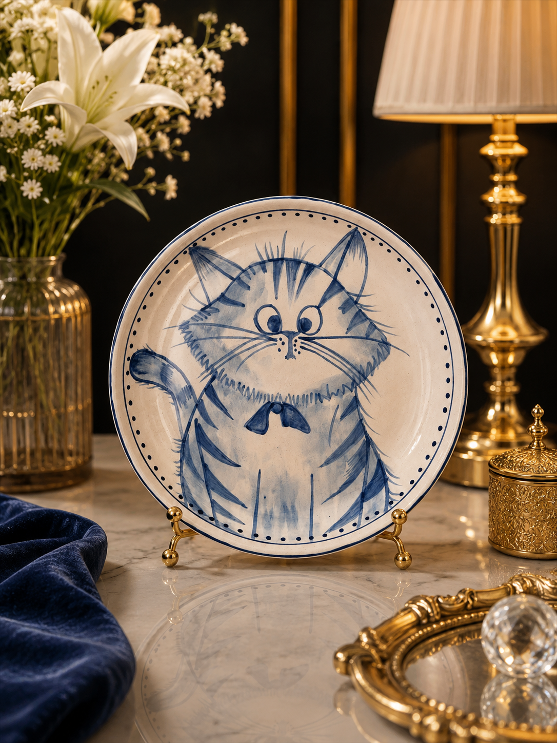 Dreamy Blue Cat Handmade Ceramic Deep-Dish Snack Plate – Hand-Painted Artisan Pottery