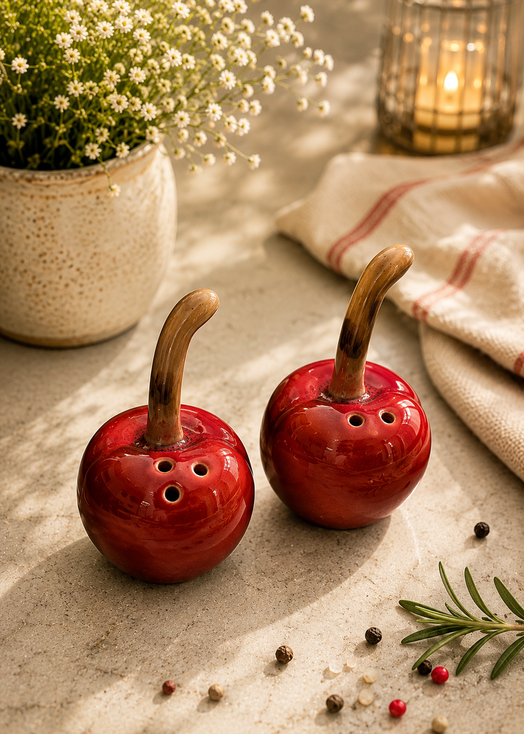 Sweet Cherry Ceramic Salt & Pepper Shaker Set – Handcrafted Kitchen Charm