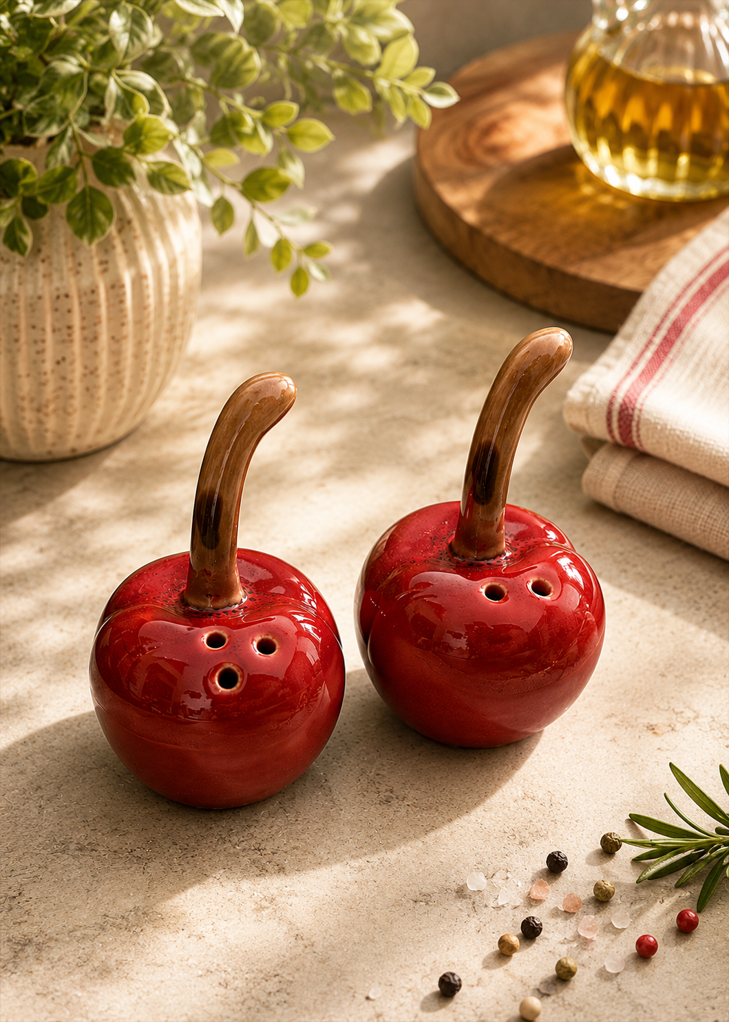 Sweet Cherry Ceramic Salt & Pepper Shaker Set – Handcrafted Kitchen Charm