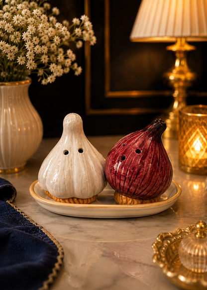 Rustic Garlic & Red Onion Ceramic Salt & Pepper Shaker Set – Handcrafted Tabletop Charm