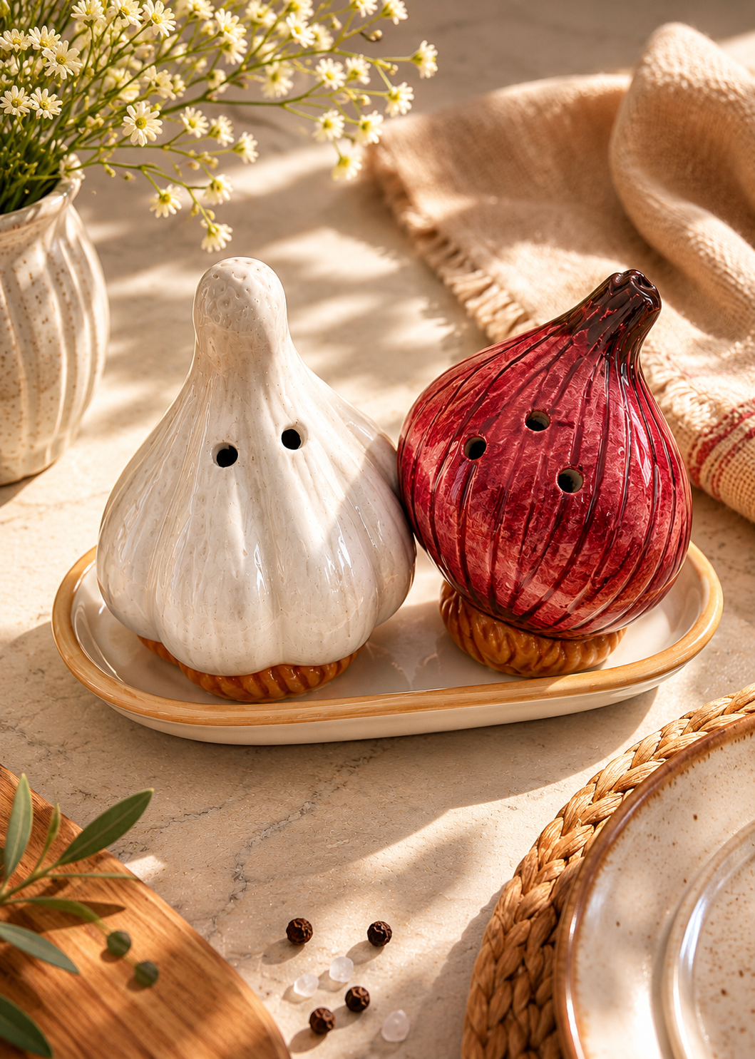 Rustic Garlic & Red Onion Ceramic Salt & Pepper Shaker Set – Handcrafted Tabletop Charm