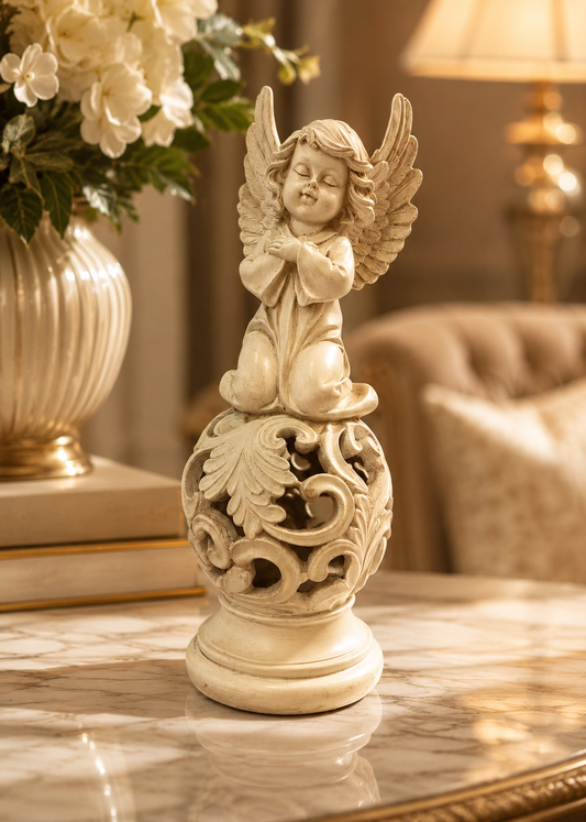 Cherub on Globe Angel Figurine – Graceful Poly Resin & Marble Dust Décor Statue