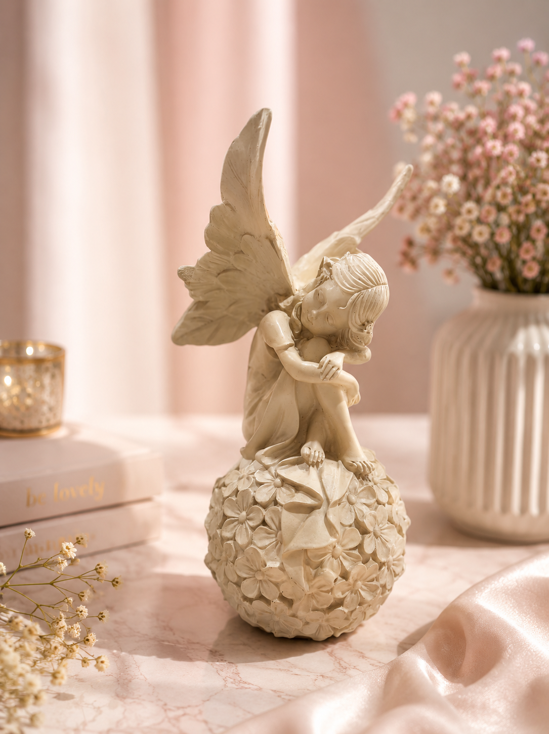 Resting Angel on Floral Ball – Elegant Resin Décor Figurine