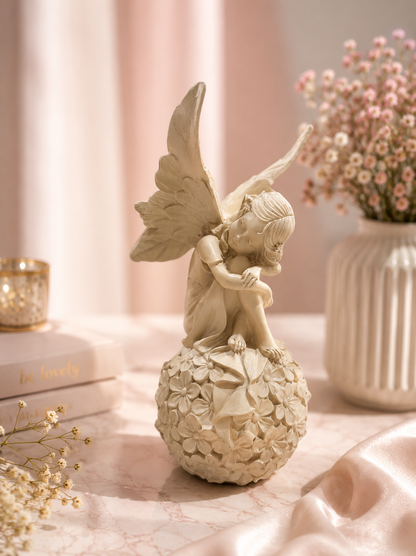 Resting Angel on Floral Ball – Elegant Resin Décor Figurine