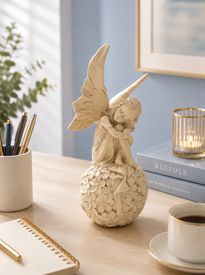 Resting Angel on Floral Ball – Elegant Resin Décor Figurine