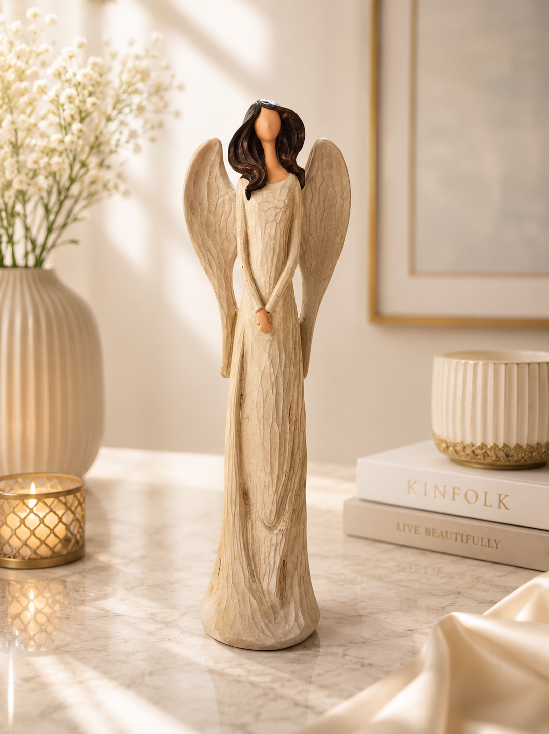 Woodland Grace Angel Figurine – Handcrafted Wooden Finish Décor