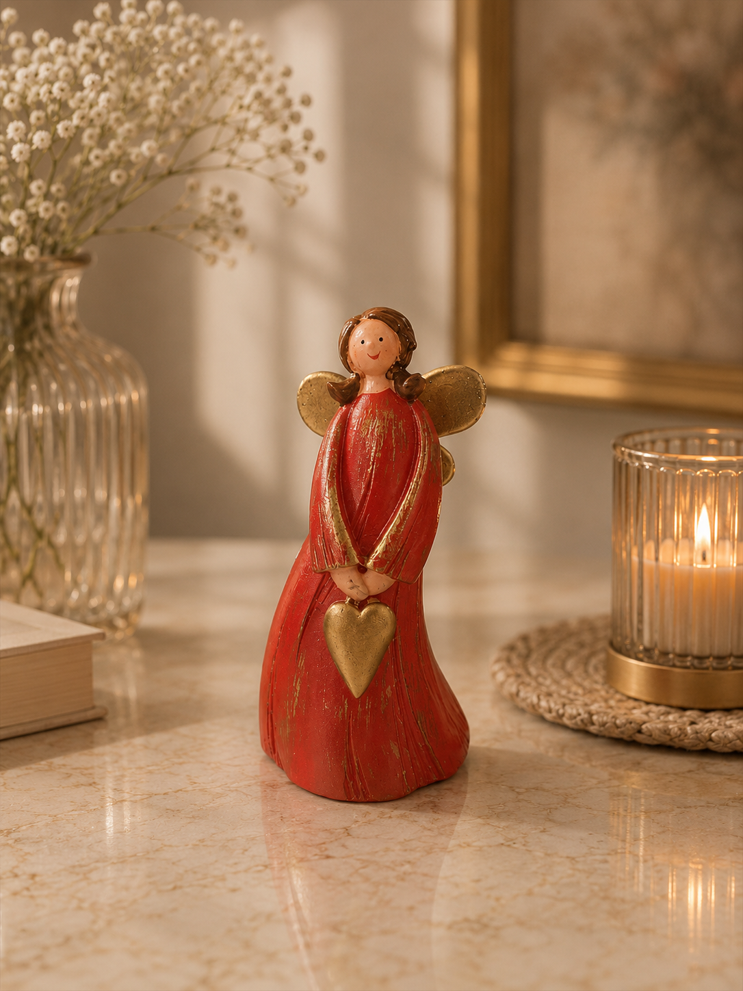Red Angel Figurine with Heart – Elegant Decorative Showpiece – 6 Inch