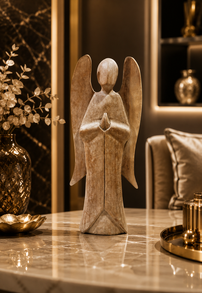 Hand-Carved Wooden Angel Sculpture – Bohemian Luxury Décor (16 Inch)