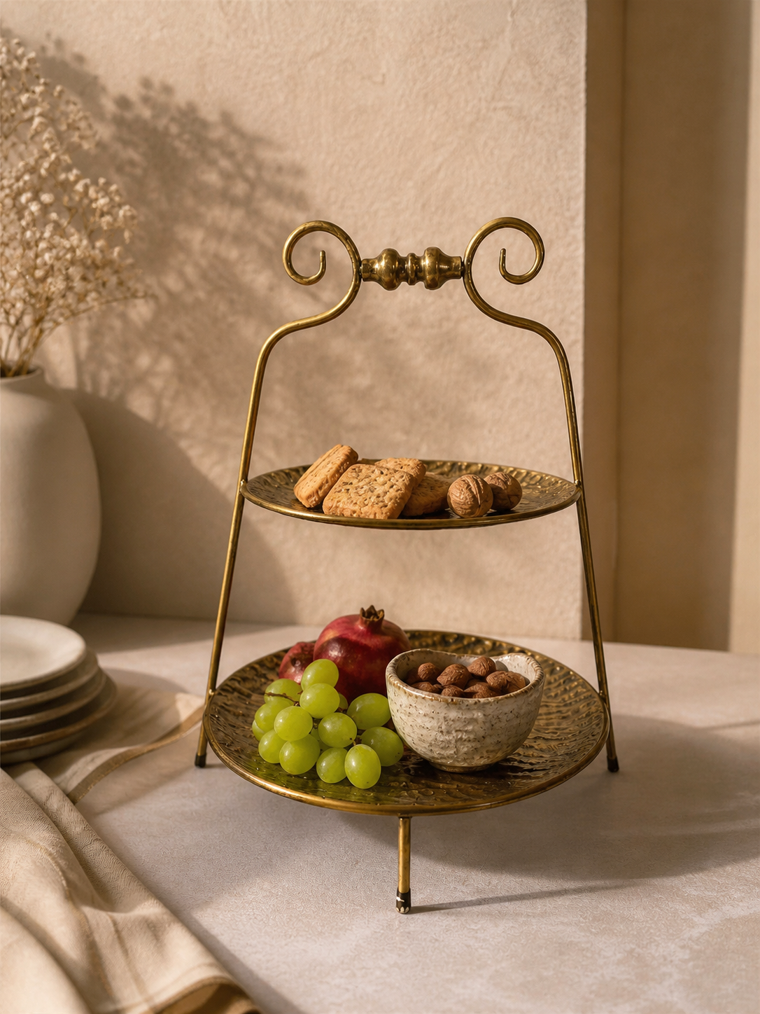 Luxury Brass Two-Tier Serving Caddy – Handcrafted Decorative Stand (21 Inch)