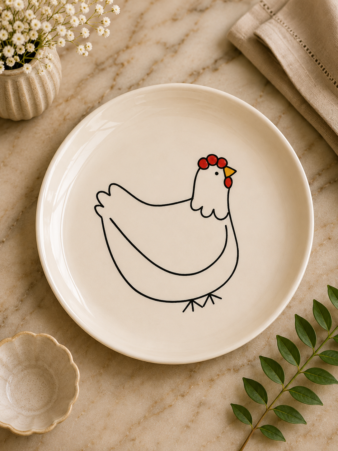 White Ceramic Plate with Chicken Design