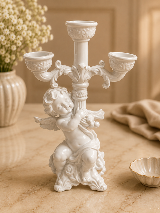 Ivory Ceramic Cherub Candelabra | 3-Candle Holder