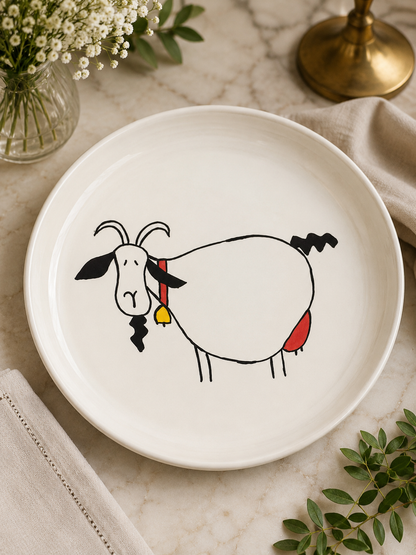 Hand-Painted Ceramic Plate with Colorful Goat Design