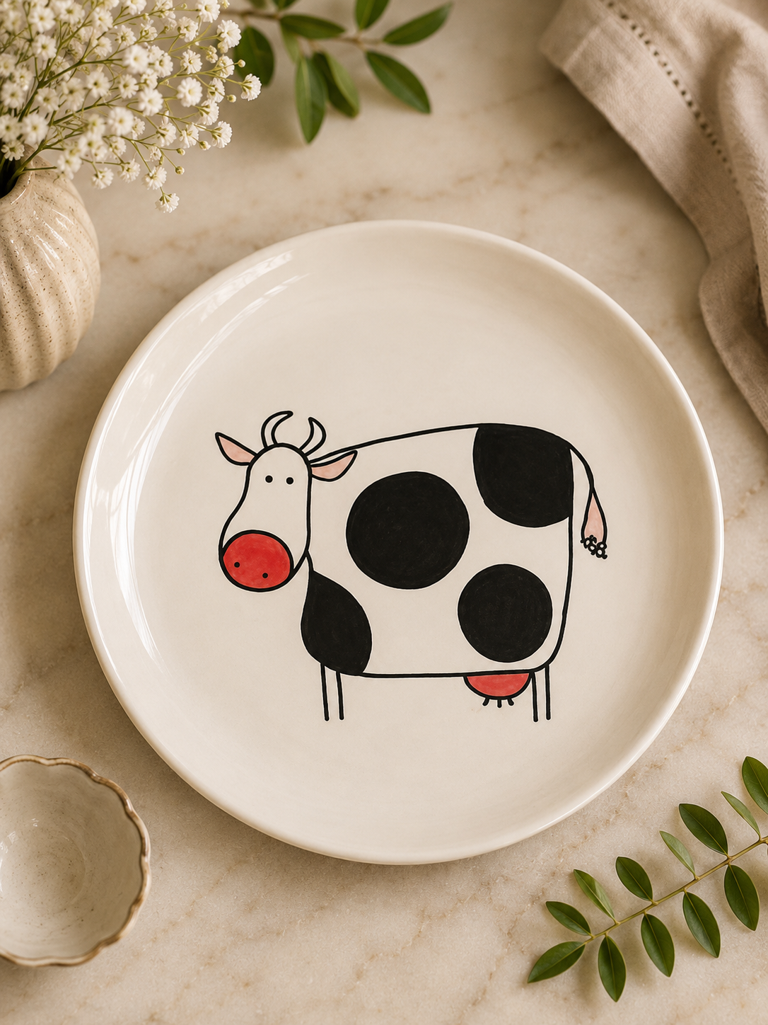 Ceramic Plate with Black & White Cow Design