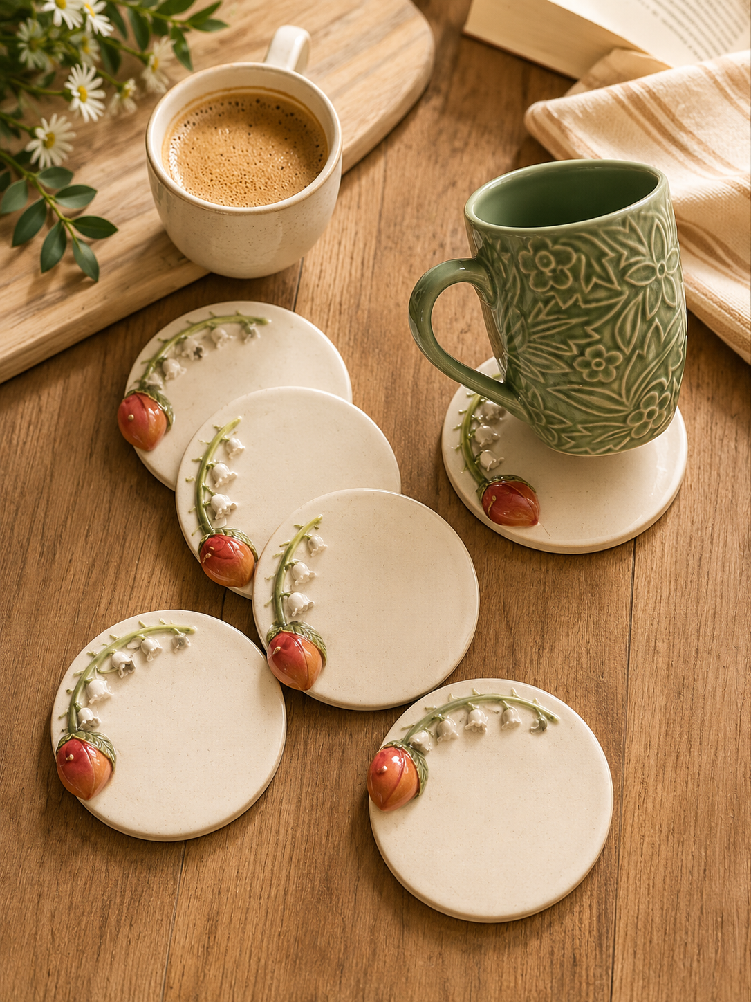 Handmade Ceramic Tulip Coasters Floral Drink Coasters Set
