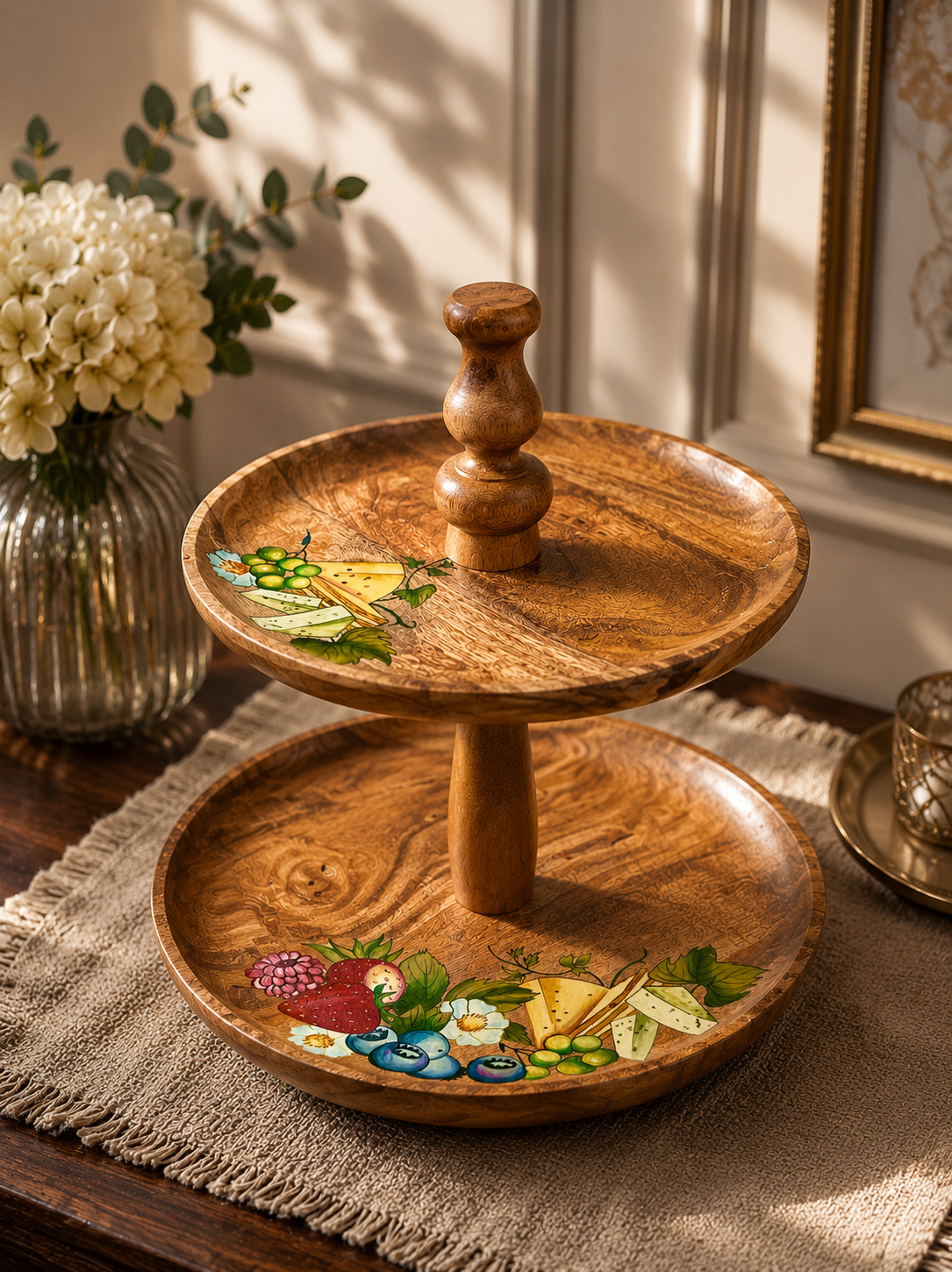 Hand made hand painted wooden 2 tier serving platter
