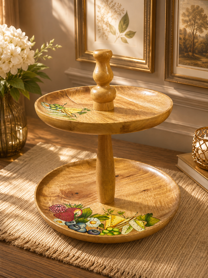 Hand made hand painted wooden 2 tier serving platter