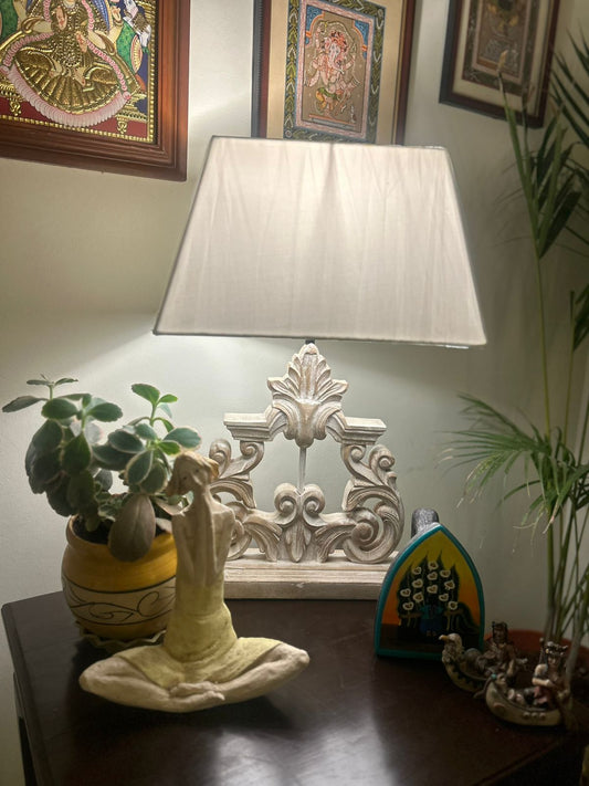 Hand Carved Wooden Table Lamp | Vintage Bedside Decor Lamp
